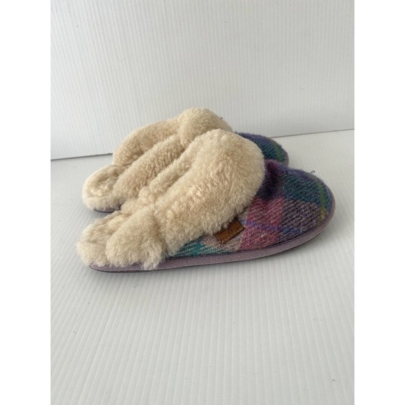BEDROOM ATHLETICS Harris Tweed Pink/Purple Plaid Wool Shearling Slippers 5-6 US - Picture 2 of 5